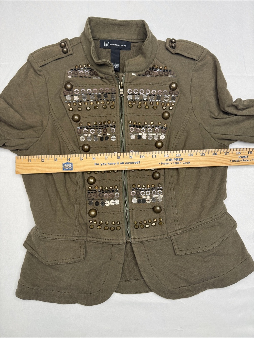 INC International Concepts Olive Green Military Style Jacket Embellished Size L - Picture 4 of 6